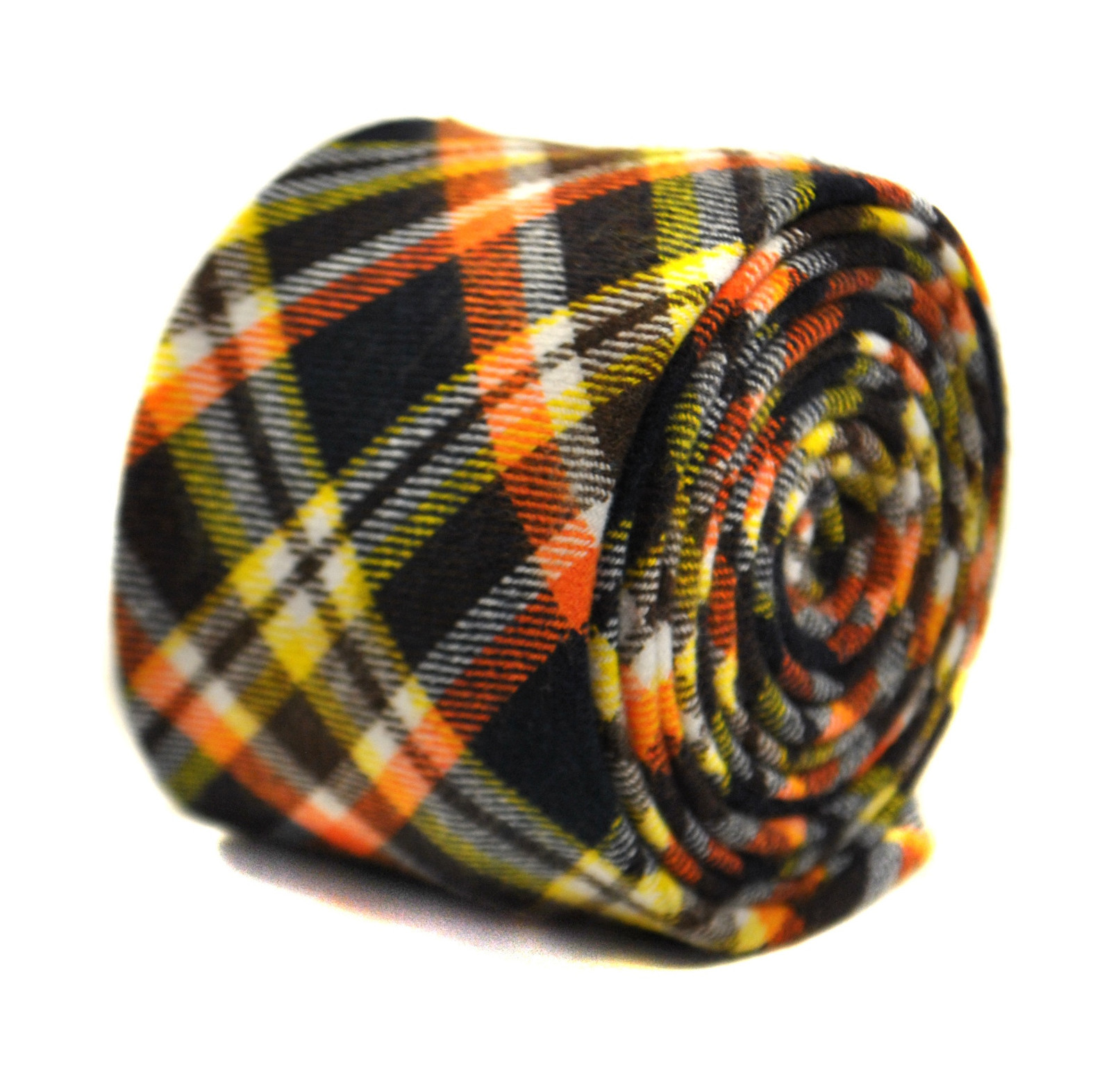 Frederick Thomas Designer Cotton Mens Tie - Dark Navy Blue Yellow Orange Plaid