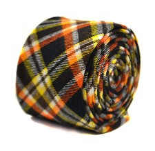 Frederick Thomas Designer Cotton Mens Tie - Dark Navy Blue Yellow Orange Plaid