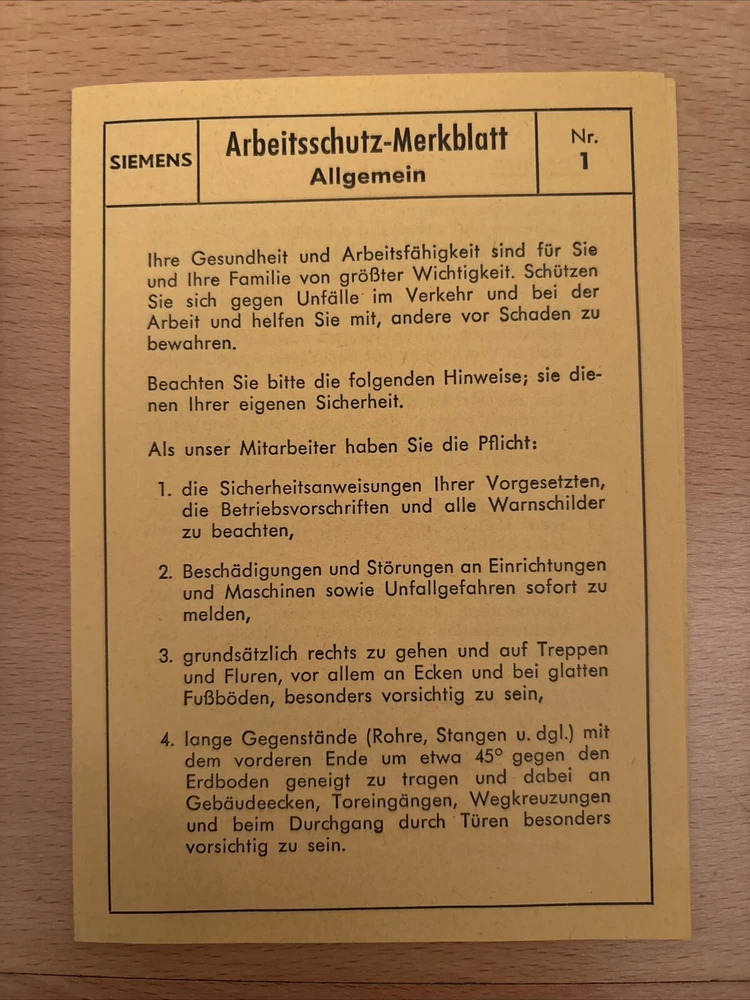 Siemens Arbeitsschutz - Merkblatt Juni 1966
