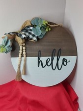 Round Wood Hanging Sign/Plaque for Door 'Hello'