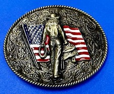 Cowgirl Strutting w/ Lasso to Patriotic American Flag Western Oval Belt Buckle