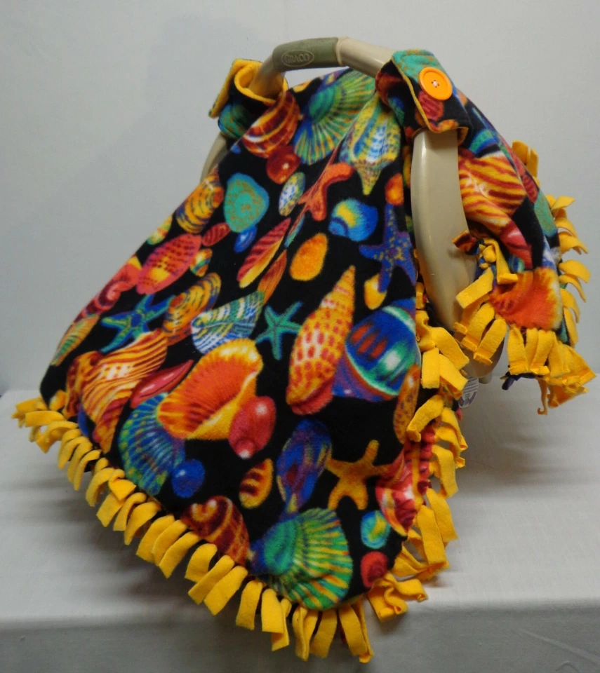 Rainbow Shells / Yellow Fleece Infant/ Baby Car Seat Canopy/ Tent/Cover Handmade - Image 2 of 4