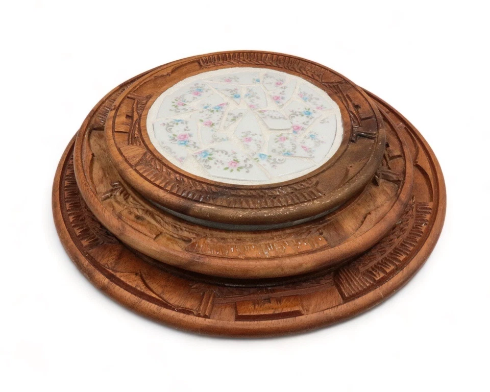 LOTE 3 placas de cargador decorativas florales de madera tallada de mosaico de China roto de colección Foto 2 de 4