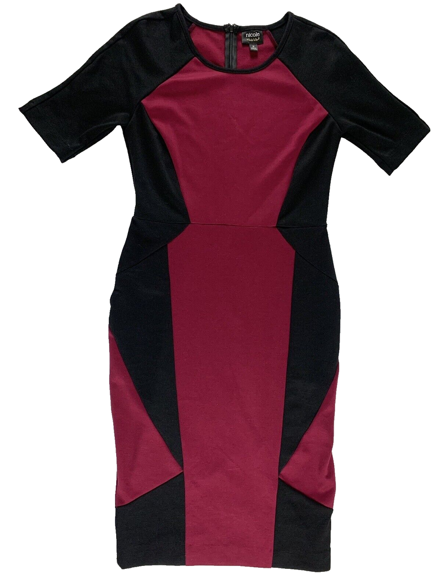 Nicole Miller Short Sleeve Bodycon Dress M Medium Colorblock Black Burgundy Nicole Miller Short Sleeve Bodycon Dress M Medium Colorblock Black Burgundy