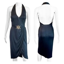 Versace S/S 2005 Runway Logo Belt Plunging Backless Wrap Black Dress