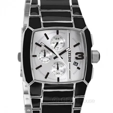 DIESEL Cliffhanger Mens Chronograph Watch, Glossy Black Enamel Band, Silver Dial