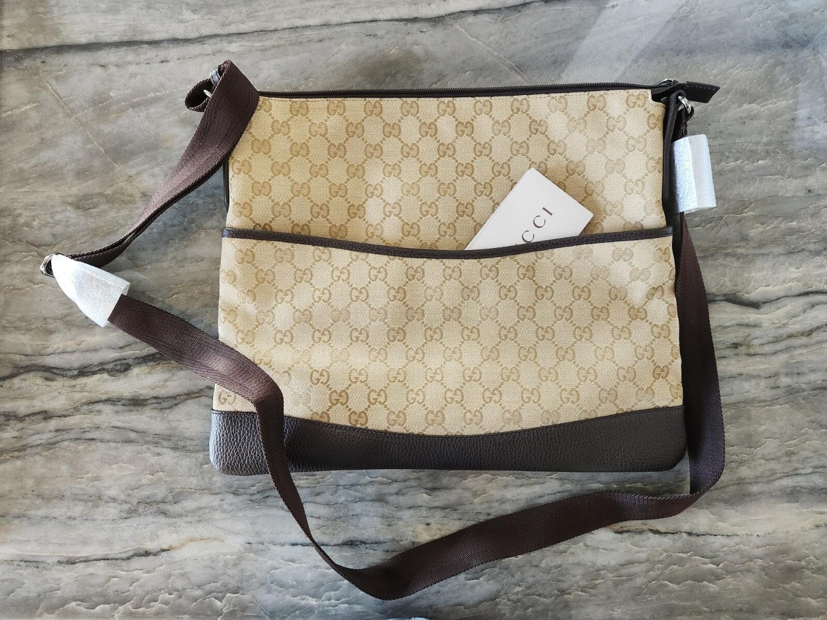 Gucci Crossbody Messenger Bag GG Supreme Beige Canvas Brown 