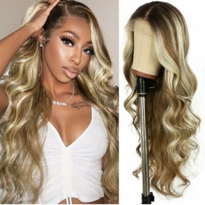 Brown Blonde Ombre Wig HD Front Lace Human Hair Blend Highlights  Wavy Curly