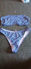 Ladies Large Two Piece Blue Bikini Ruffle Accent White Flowers
