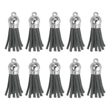 48 Pcs 1.5" Leather Tassel Keychain Charm Bulk Dark Gray/Silver Cap
