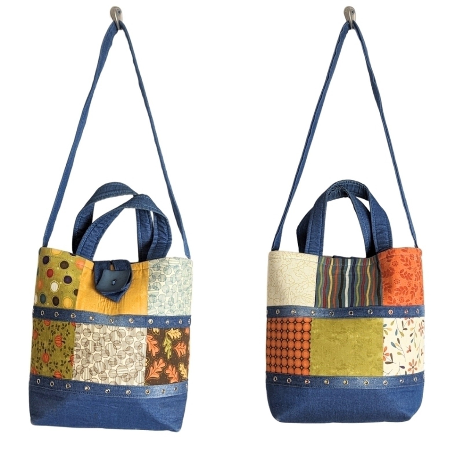 Denim Patchwork Studded Handbag/ Tote Handmade Fa… - image 13