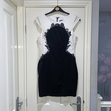 Lipsy White Black Contrast Lace Cap Sleeve Short Bodycon Evening Dress Size 14