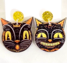 ASYMMETRICAL 2-SIDED VTG-LOOK BLACK CAT ACRYLIC DROP DANGLE HALLOWEEN EARRINGS