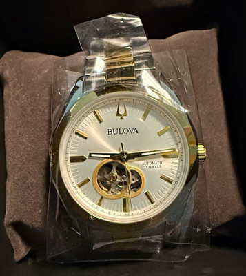 Bulova Surveyor 98A284 Automatic 42mm Two Tone Open Heart Watch NWT Box Tag