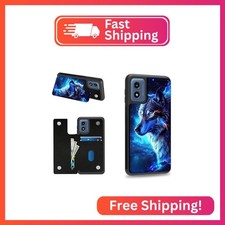 Dikoer Blue Wolf Wallet Case for Moto G Play 4G 2024 6.5" Credit Card Holder Slo