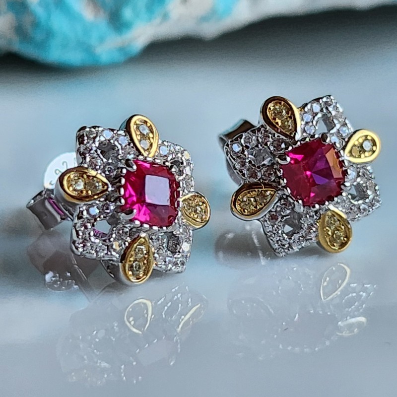 Genuine 4.5mm Ruby Sapphire Cluster 11mm 2 Tone Earrings Gold-Plated 925 Silver