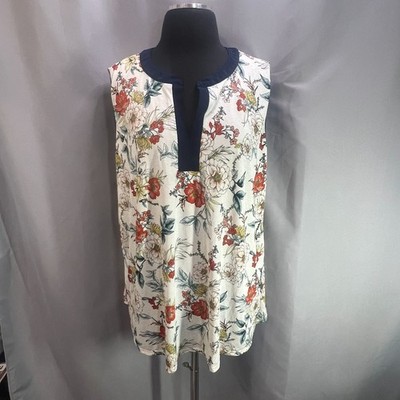 Lavish Tunic Top Womens 3XL White Floral Print Stretch Notched V Neck Sleeveless
