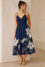 Japna dress Babydoll Y2K navy resort vacation beach boho floral 90s midi smocked