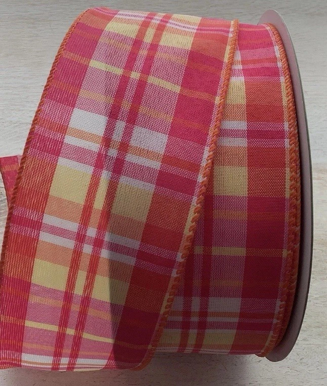 Beautiful New 5 YARDS SPRING Pink PASTEL PLAID WIRE EDGE RIBBON  2 1/2" Wide - Image 3 of 4