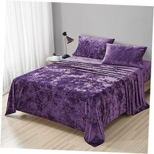 Distressed Velvet Sheet Set, 4 Pieces Ultra Soft, Warm Queen Purple