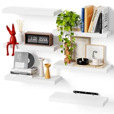 White Engineered Wood Wall Shelf Set of 6, 16" Modern Floating Shelves for Ki...