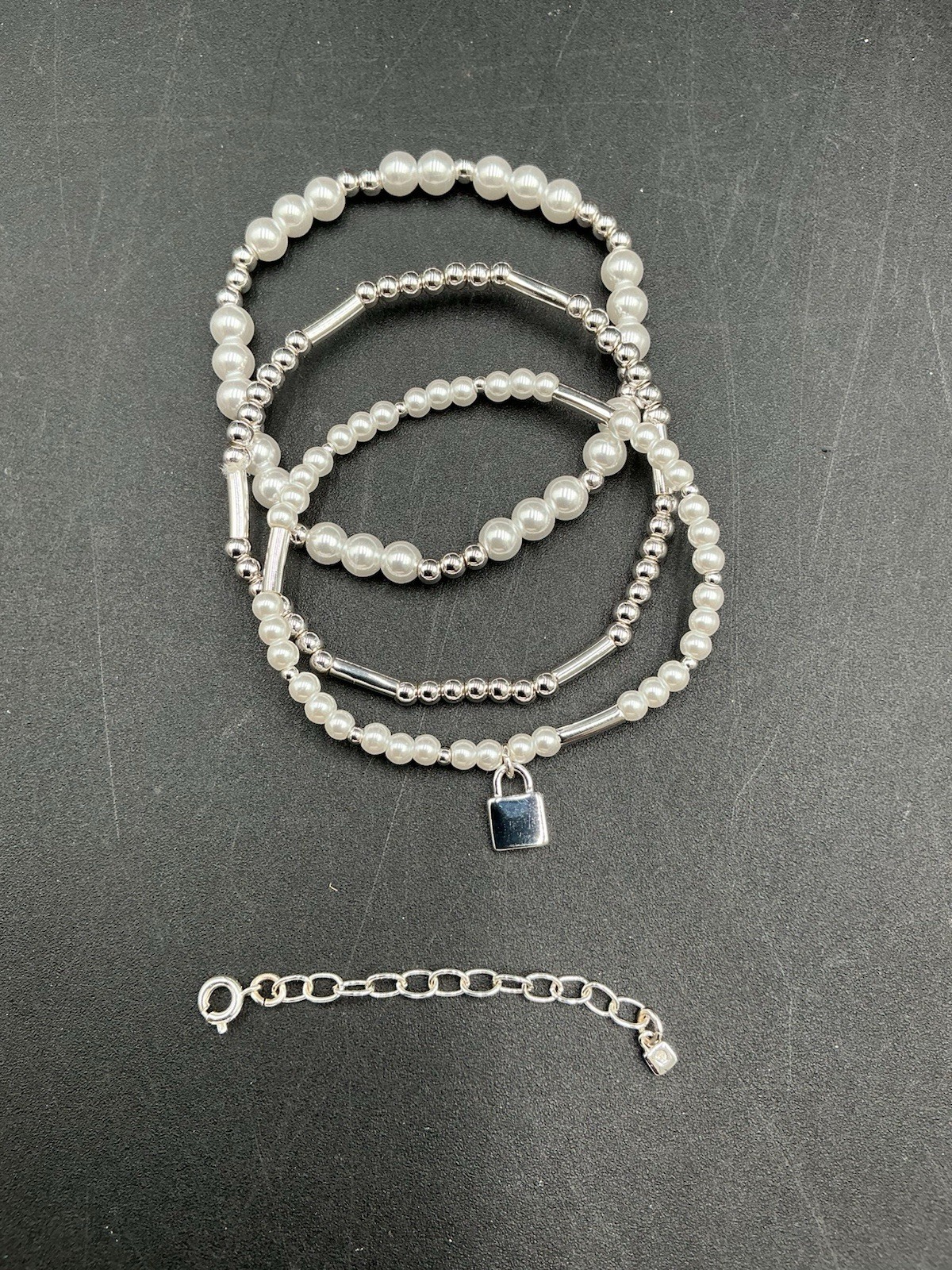 Nine West 3pc Set Silver Tone Faux Pearl Bead Stretch Bracelet Padlock Charm