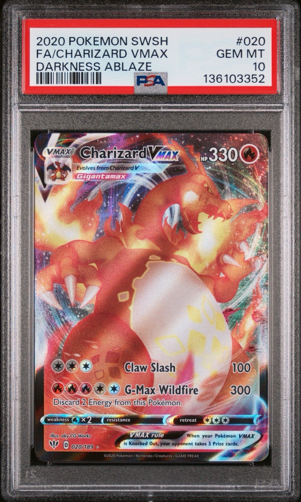 Pokémon TCG Charizard VMAX Darkness Ablaze Holo Ultra Rare Card PSA 10, 020/189