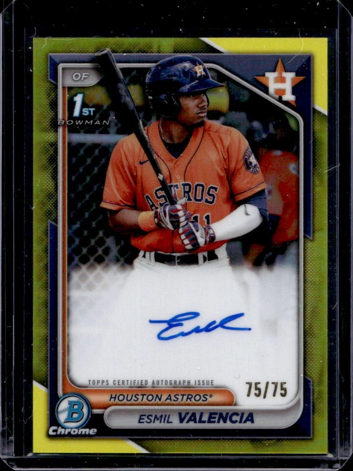 2024 Bowman Esmil Valencia Chrome Auto Yellow Refractor 1st Prospect #75/75