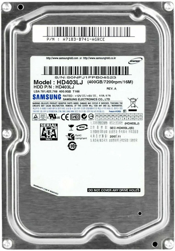 Hard Drive Samsung Spinpoint T166 HD403LJ 400GB 7.2K 16MB SATA II 3.5'' - Image 3 of 3