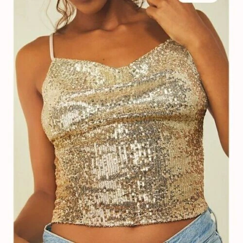 Free People Stop and Stare Cami Sequin Top Ivory Gold X Small