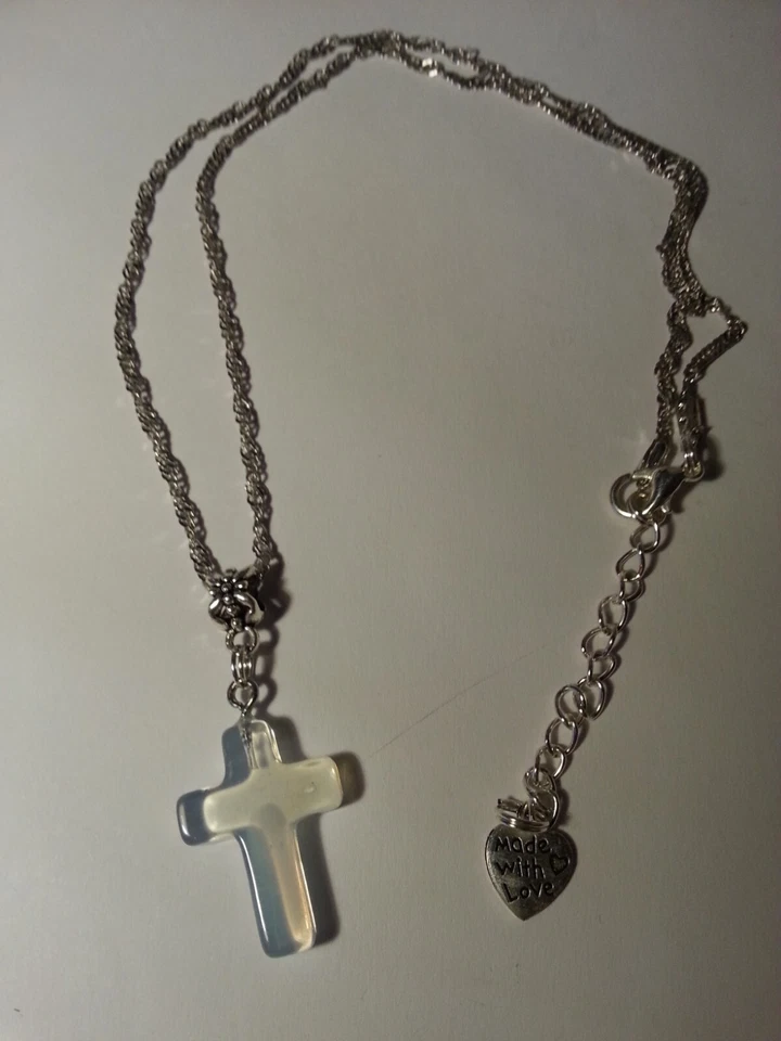 Kreuzanhänger Mondstein, Opalit, Natur-Edelstein 18 X 25 mm mit Silber Kette - Bild 2 von 4