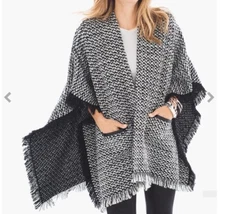 Chicos Jayne Fringe Ruana One Size OS Black White Wrap Acrylic Classy
