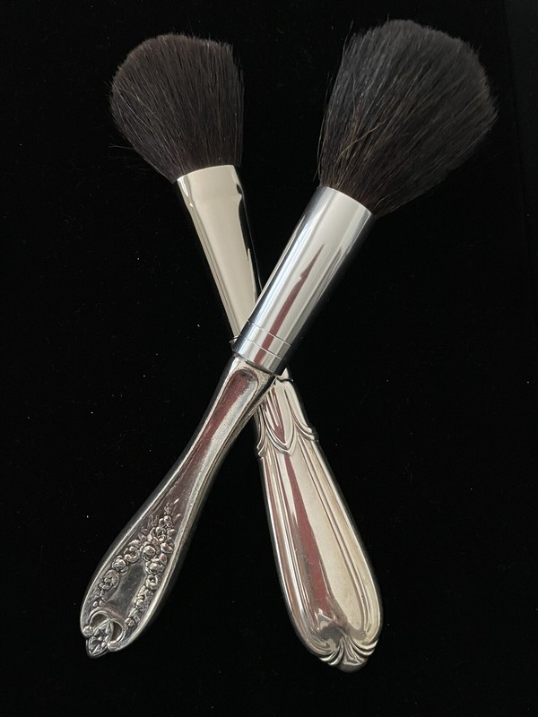 LOT OF 2 Vintage Silver plated Handled Make-Up Powder / Rouge Brushes