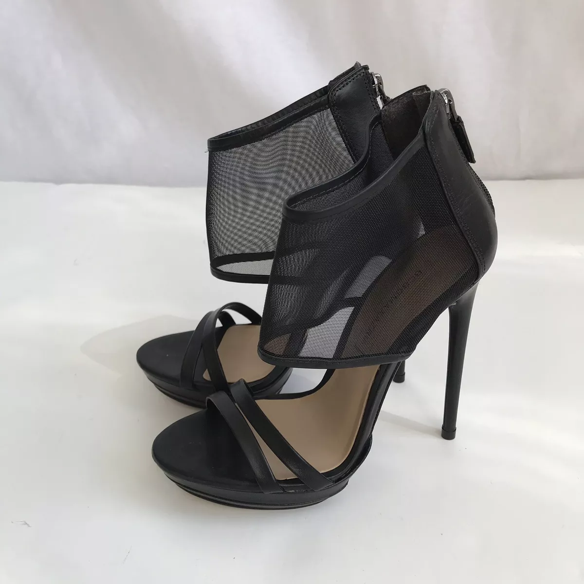 BCBG Max Azria Ferned Sandals Heel Leather Mesh Black Shoe Sandal