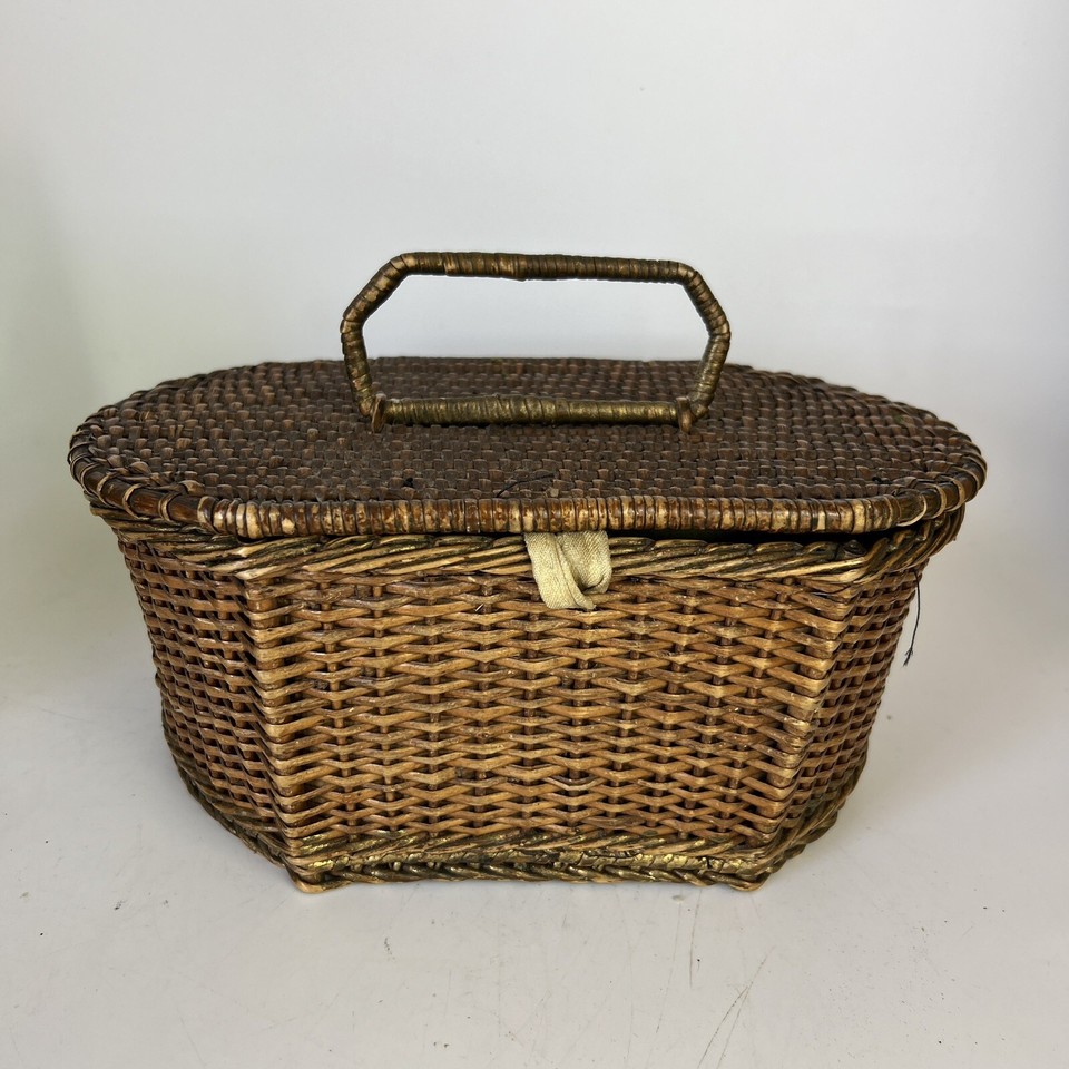 Vintage Wicker Sewing Needlework Basket eBay