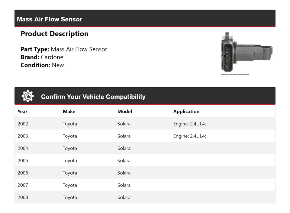 Sensor de flujo de aire de masa Cardone 2003 2004 2005 2006 para Toyota Solara 2002-2008 Foto 2 de 4