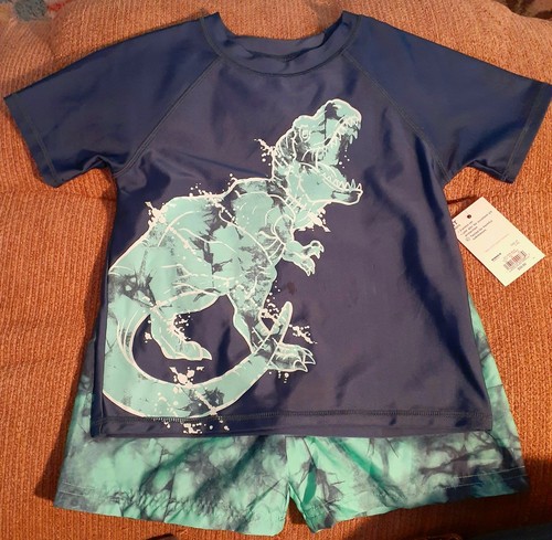 Size 4T Boys Swim Shirt & Trunks Set Dinosaur Tie-dye Navy Blue Teal UV Protect - Picture 2 of 6