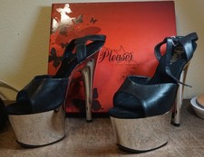 Pleaser ADORE-709 Stripper Shoes Black faux Leather Silver Chrome s 8M W/BOX