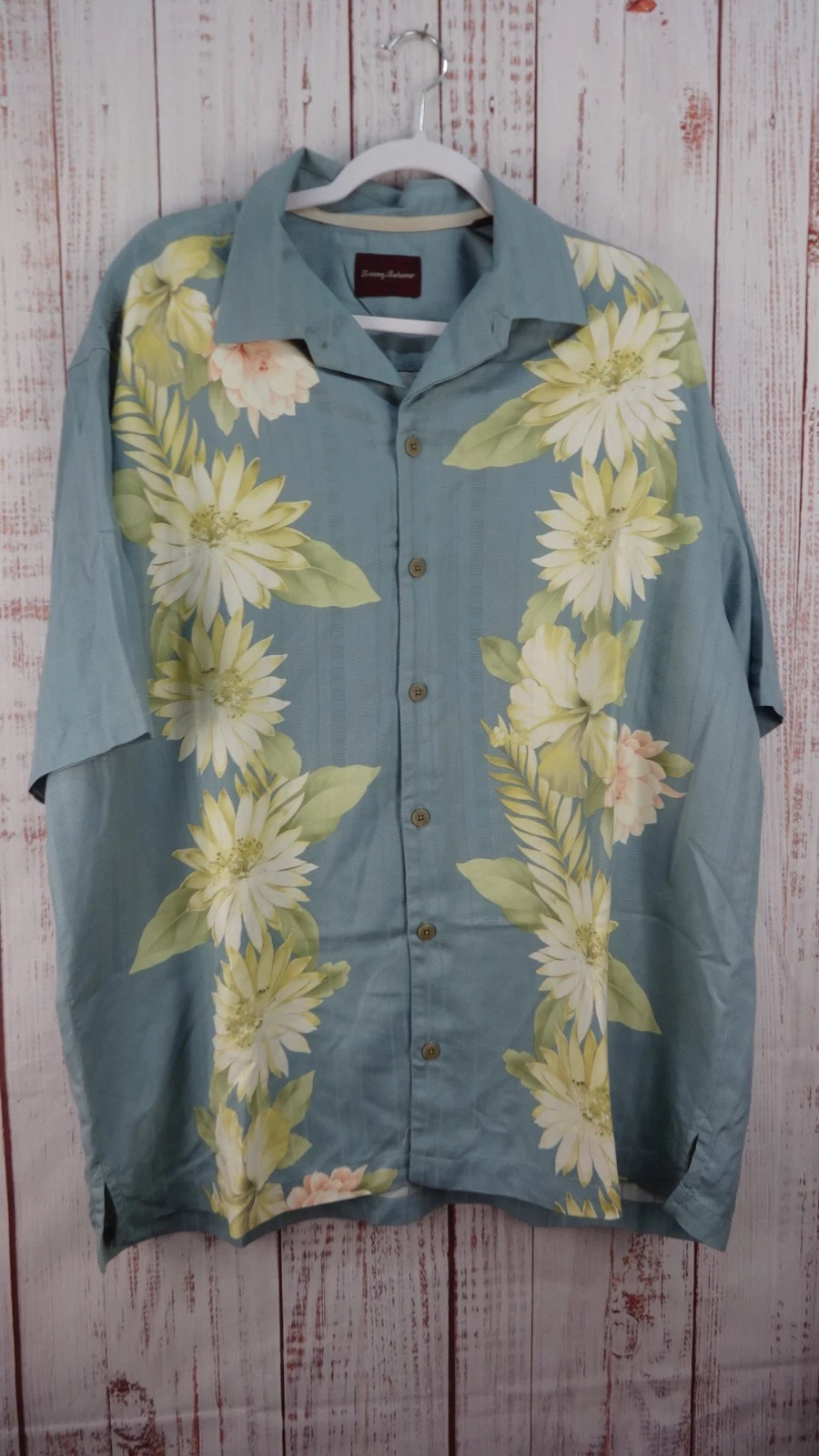 Tommy Bahama Shirt Mens XL Blue 100% Silk Hawaiian Floral Palm Beach Summer