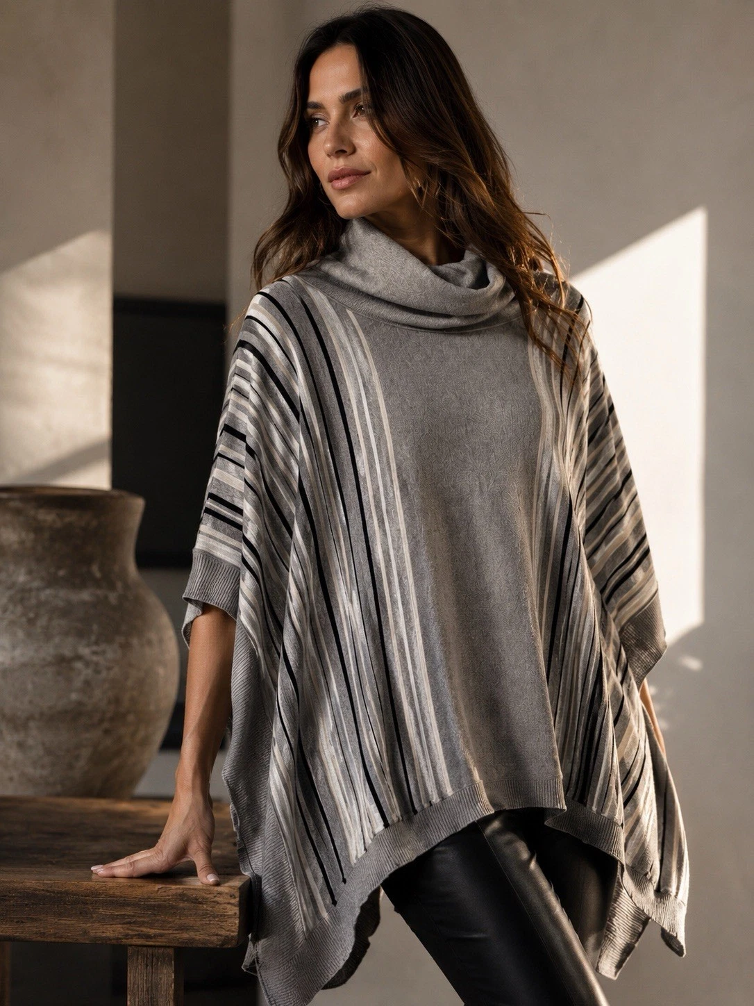 Joseph A Woman 1X Gray Striped Knit Poncho Cowl Neck Tunic Sweater Plus