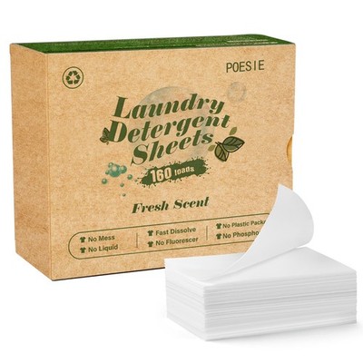 Laundry Detergent Sheets Fresh Scent Clear Non-Plastic Hypoallergenic 160 Count
