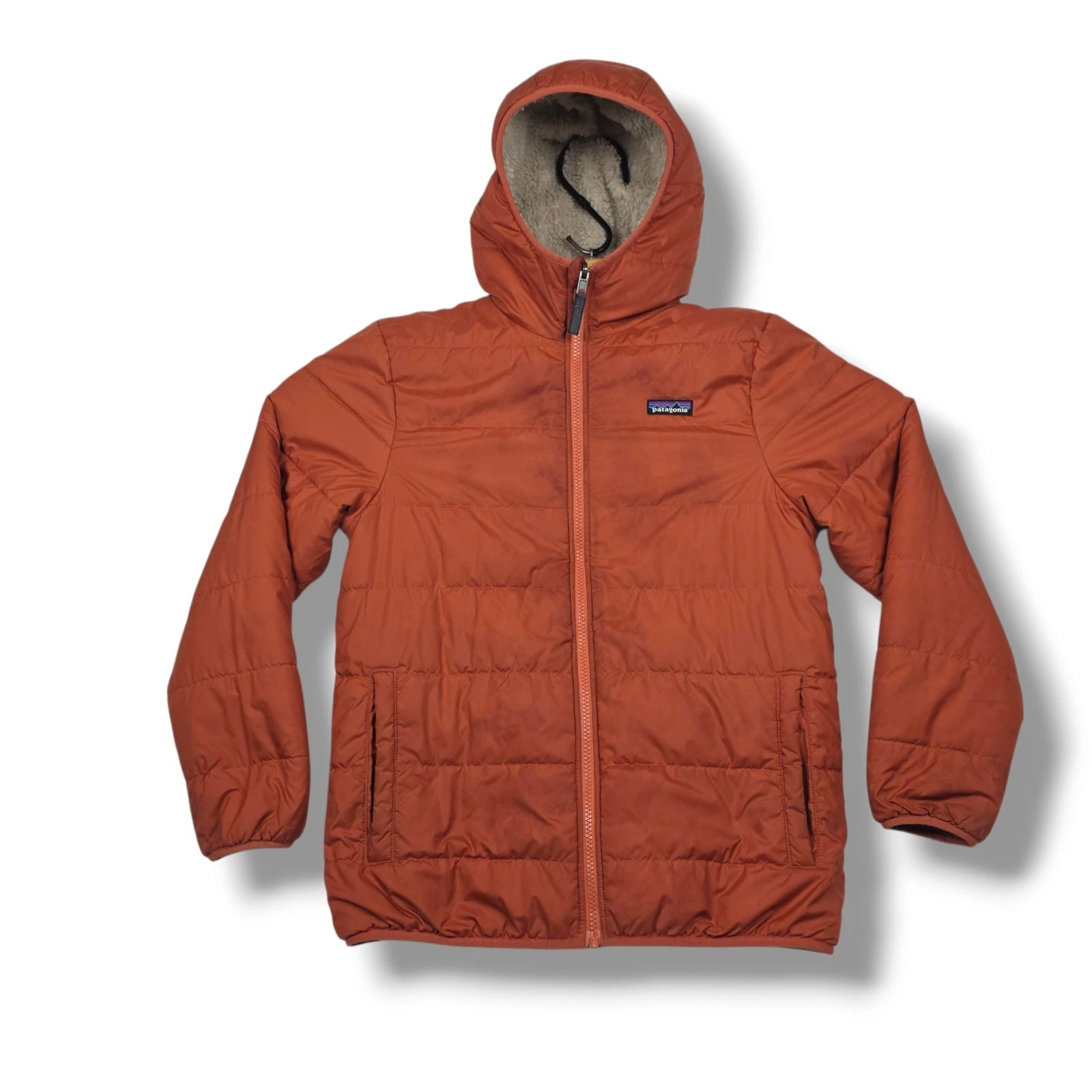 Patagonia Kids Reversible Tribbles Hoody Jacket Boys XL 14 Fleece Lined Orange