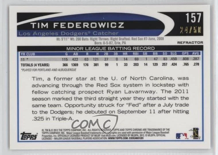 2012 Topps Chrome Gold Refractor /50 Tim Federowicz #157 Rookie RC - Image 2 of 2