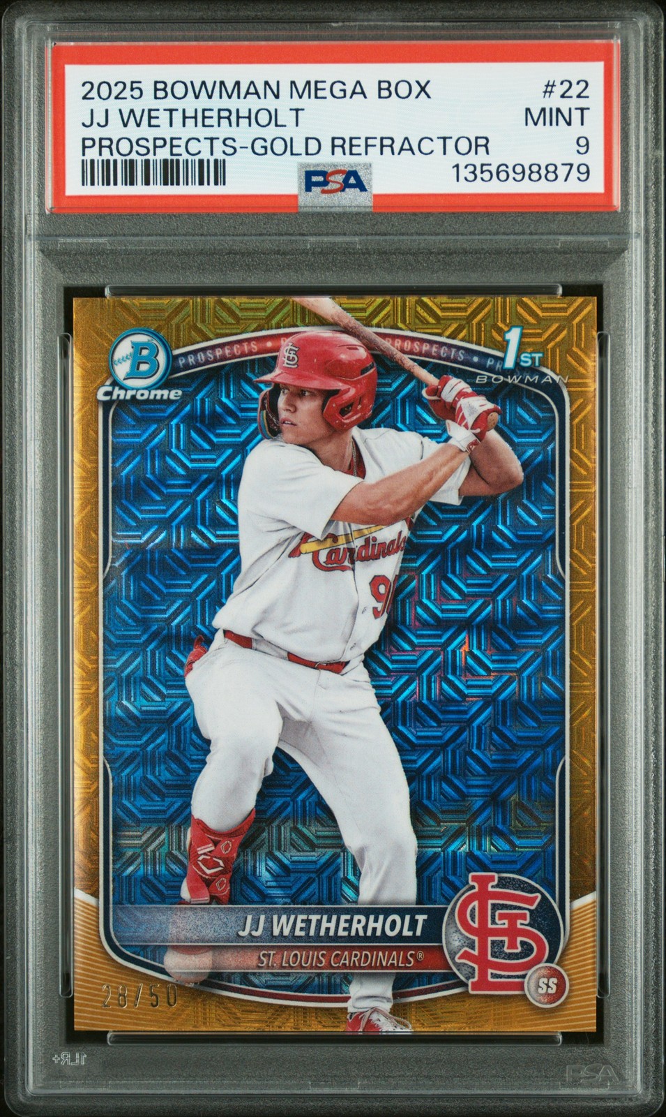 2025 Bowman 1st Chrome #22 JJ Wetherholt Prospects-Gold Refractor SN /50 PSA 9