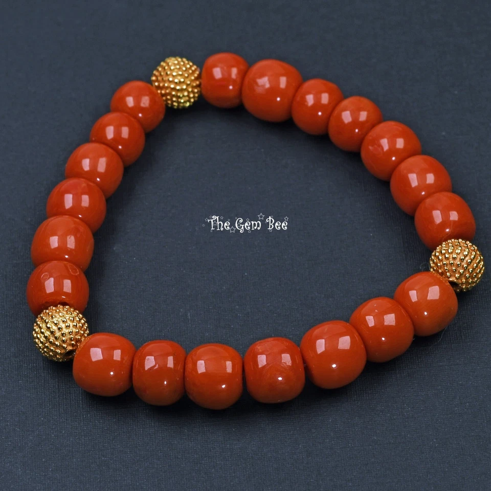 Brazalete elástico 8,5-9,3 mm oro 18K sin teñir barril de cerdeña cuentas de coral rojo 6,8" Foto 3 de 4