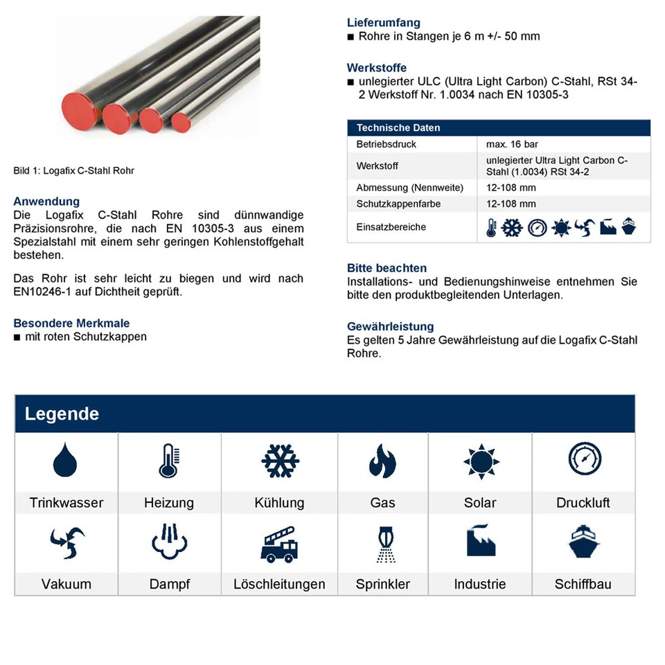 C-Stahlrohr Buderus Logafix in 6m Stangen C- Stahl Rohr verzinkt 15 bis 108mm - Bild 2 von 2
