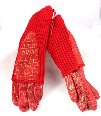 Chi Carlos Falchi Red & Gold Metallic Leather & Knit Gloves Size Women's XL NEW