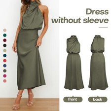 Ladies Elegant Dress Satin Sleeveless Long Halter Maxi Evening Bridesmaid Dress