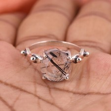 Round Black Rutile Quartz Silver Wedding Ring  Rutile Handmade Jewelry For Gift