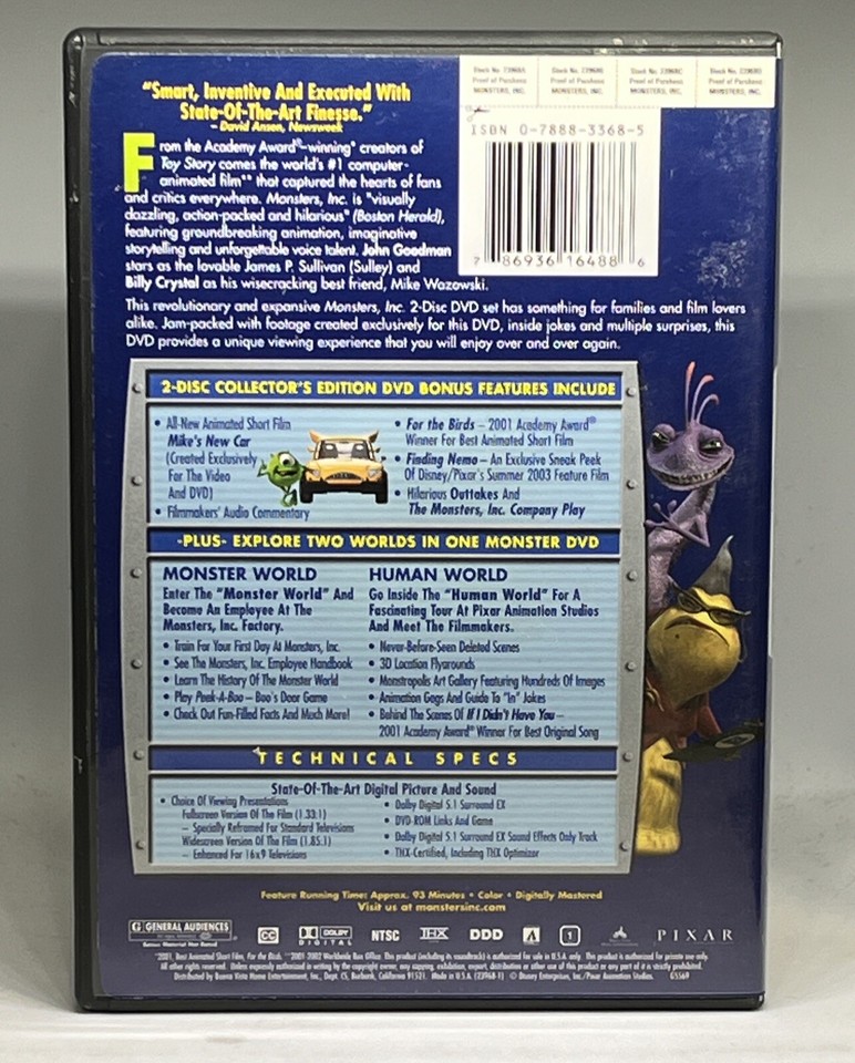 Monsters, Inc. G 2 Disc. DVD Pixar Animation Studios Directed by Pete